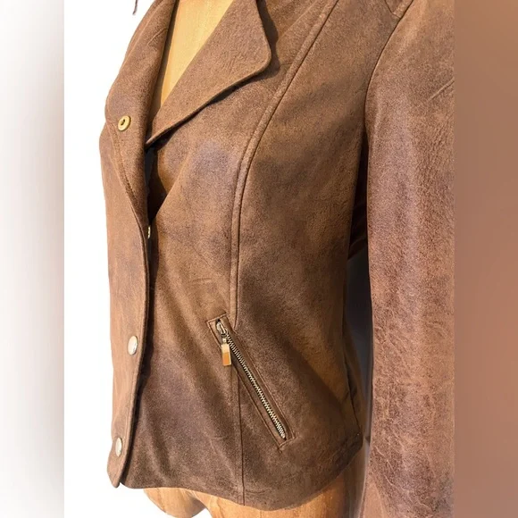 Chico's Brown Leather Jacket Asymmetrical Zip Notched Lapel - Picture 5 of 12
